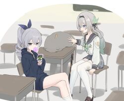 1other 2girls absurdres baseball_bat black_hairband black_ribbon blue_hoodie blush bow bowtie brown_shoes buttons cellphone chair chewing_gum collared_shirt crossed_legs double-breasted firefly_(honkai:_star_rail) firefly_(spring_missive)_(honkai:_star_rail) gradient_eyes gradient_hair green_bow green_bowtie green_pupils grey_hair grey_sailor_collar grey_skirt hair_between_eyes hair_intakes hair_ornament hair_ribbon hairband highres holding holding_phone honkai:_star_rail honkai_(series) hood hoodie long_hair long_sleeves multicolored_eyes multicolored_hair multiple_girls on_chair open_mouth phone plaid_bow plaid_bowtie plaid_clothes pleated_skirt ponytail ribbon sailor_collar shirt shoes silver_wolf_(honkai:_star_rail) single_drill sitting skirt sleeping sleeping_on_desk smartphone smile socks somgolmae sweatdrop thighhighs trailblazer_(honkai:_star_rail) two-tone_eyes white_shirt white_sleeves white_socks white_thighhighs