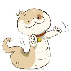 Rule 34 | :3, animal collar, animal focus, bell, black eyes, chinese commentary, closed mouth, collar, commentary request, happy, looking at viewer, motion lines, neck bell, no humans, original, outstretched arms, pawpads, red collar, simple background, smile, snake, solid circle eyes, solo, spot (yogin), watermark, waving arms, weibo watermark, white background, yogin