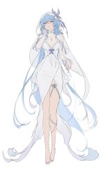 1girl absurdres alternate_costume bare_legs bare_shoulders barefoot blue_hair breasts cleavage collarbone colored_eyelashes dress earrings feet hair_between_eyes hand_up highres jewelry large_breasts legs long_hair looking_at_viewer purple_eyes shorekeeper_(wuthering_waves) simple_background solo veil very_long_hair white_background white_dress white_veil wuthering_waves youngjoo_kjy