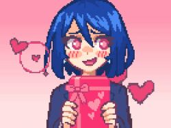 1girl animated animated_gif blue_hair blush box embarrassed gift gift_box gradient_background hcnone heart holding holding_gift looking_at_viewer office_lady open_mouth original pink_background pink_eyes pixel_art short_hair simple_background skye_(hcnone) smile upper_body valentine