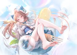 1girl absurdres ahoge animal_ears arknights barefoot bell blue_bow blue_bowtie blush bow bowtie braid brown_hair bubble closed_mouth commentary_request curled_horns eyjafjalla_(arknights) eyjafjalla_the_hvit_aska_(a_picnic_before_a_long_trip)_(arknights) eyjafjalla_the_hvit_aska_(arknights) feet fork hair_bow highres holding holding_fork horns jingle_bell looking_at_viewer official_alternate_costume oversized_fork pink_eyes sheep_ears sheep_girl sheep_horns shorts soles solo toes zhenli-mari