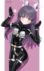 Rule 34 | 1girl, @ @, absurdres, arm cuffs, black bodysuit, black hair, blue archive, blush, bodysuit, breasts, chastity belt, chastity bra, cuffs, drop shadow, halo, highres, latex, latex bodysuit, lock, maguro27, miyu (blue archive), padlock, red eyes, shiny clothes, skin tight, small breasts, solo, spoken blush