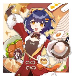 3girls :d alternate_costume blue_hair bowl braid brown_gloves brown_hair chibi chinese_clothes egg egg_(food) fingerless_gloves food fried_egg fur_trim genshin_impact gloves hair_ornament hairclip highres holding hu_tao_(cherries_snow-laden)_(genshin_impact) hu_tao_(genshin_impact) lan_yan_(genshin_impact) long_hair long_sleeves looking_at_viewer multiple_girls ningmeng_yipianye official_alternate_costume open_mouth plate smile sparkle steamed_bun twin_braids twintails xiangling_(genshin_impact) xiangling_(new_year&#039;s_cheer)_(genshin_impact) yellow_eyes yuegui_(genshin_impact)