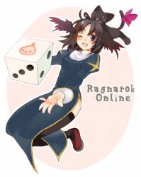 1girl ;d animal animal_on_head black_cat black_eyes black_hair black_thighhighs black_wings blue_dress blush cat cat_on_head copyright_name dice dress drooping_cat full_body head_wings juliet_sleeves kafuu_iroha long_sleeves looking_at_viewer on_head one_eye_closed open_mouth outline poring priest_(ragnarok_online) puffy_sleeves ragnarok_online red_footwear shoes short_hair side_slit sleeve_cuffs smile teeth thighhighs upper_teeth_only white_outline white_sleeve_cuffs wings zettai_ryouiki