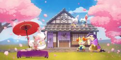 Rule 34 | artist request, blue sky, blush, blush stickers, braixen, braixen (welcome 2023), building, cherry blossoms, closed eyes, closed mouth, clothed pokemon, cloud, day, eevee, fangs, floating, flower, gen 1 pokemon, gen 2 pokemon, gen 6 pokemon, grass, half-closed eyes, highres, hisuian sneasel, hisuian sneasel (tranquil tea house), hisuian typhlosion, hisuian typhlosion (tranquil tea house), hisuian zorua, hisuian zorua (tranquil tea house), mountainous horizon, nintendo, no humans, official art, on roof, outdoors, petals, pokemon, pokemon (creature), pokemon cafe remix, pokemon focus, poltchageist, sky, smile, sneasel, sneasel (tranquil tea house), third-party source, tree, umbrella, yellow eyes