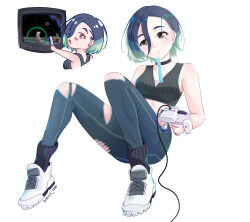 1girl absurdres bare_arms black_choker black_hair black_socks breasts brown_eyes chibi chibi_inset choker commentary_request controller eyelashes food full_body game_controller highres holding holding_controller holding_game_controller medium_breasts mouth_hold multiple_views nintendo obi3 pants perrin_(pokemon) playing_games pokemon pokemon_snap pokemon_sv popsicle ribbed_socks shoes short_hair socks television torn_clothes torn_pants vest white_background white_footwear