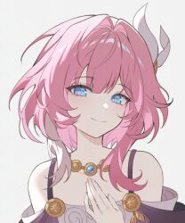 1girl bare_shoulders blue_eyes closed_mouth collarbone commentary cyrene_(honkai:_star_rail) diamond-shaped_pupils diamond_(shape) fingernails hair_intakes hair_ornament hand_on_own_chest hand_up hashtag-only_commentary highres honkai:_star_rail honkai_(series) jewelry looking_at_viewer medium_hair necklace pink_hair pink_pupils portrait revision rio_(rio773) simple_background smile solo symbol-shaped_pupils white_background