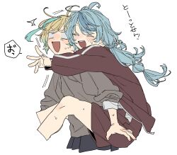 2girls aqua_hair blonde_hair blue_hair brown_jacket brown_shorts closed_eyes dayama flat_color grey_hoodie highres hood hoodie jacket long_hair multicolored_hair multiple_girls nijisanji open_mouth shorts simple_background smile tachitsute_toto tamanoi_nana teeth two-tone_hair upper_body upper_teeth_only white_background
