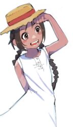 1girl abenobashi_mahou_shoutengai asahina_arumi blush_stickers braid brown_eyes brown_hair dress gan2 hat highres long_hair open_mouth simple_background smile solo tan twin_braids white_background white_dress