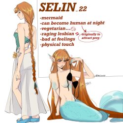 1girl anger_vein blue_eyes blue_scales blue_shoes bra breasts brown_hair character_profile colored_extremities commentary english_commentary english_text fins hand_on_own_arm head_fins highres holding holding_bra holding_underwear holding_unworn_clothes lesbian_flag long_hair low-braided_long_hair low-tied_long_hair mermaid monster_girl multiple_views navel original platform_sandals sandals seijousai selin_(seijousai) shoes signature sitting skirt underwear very_long_hair white_skirt