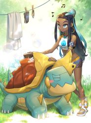 animal armlet black_hair blue_eyes blue_hair blush brush bubble closed_eyes closed_mouth clothesline crop_top dark-skinned_female dark_skin drednaw ear_piercing earrings gen_8_pokemon gloves grass hair_bun hand_on_animal holding holding_brush hoop_earrings humming jewelry kemonomichi_(blue_black) long_hair looking_at_another musical_note nessa_(pokemon) nintendo piercing pokemon pokemon_(creature) pokemon_swsh sandals shell shorts sidelocks smile standing tail tail_wagging towel washing_another