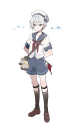 1boy arms_behind_back astel_(ikeuchi_tanuma) bag bag_charm beret black_shoes blue_eyes blue_sailor_collar blue_shorts blush brown_socks character_doll charm_(object) closed_mouth doll edel_(ikeuchi_tanuma) full_body grey_hair hair_between_eyes hat highres ikeuchi_tanuma loafers looking_at_viewer male_focus neckerchief original pennant red_neckerchief rudy_(ikeuchi_tanuma) sailor_collar shirt shoes short_sleeves shorts shoulder_bag simple_background socks solo standing white_background white_hat white_shirt