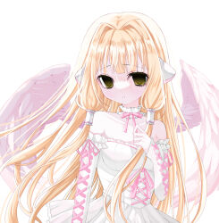 1girl 2000s_(style) aegyo_sal angel_wings animal_ears blonde_hair breasts chii chobits choker commentary dress feathered_wings frilled_choker frills green_eyes hair_tubes highres long_hair looking_at_viewer medium_breasts off-shoulder_dress off_shoulder persocom_(chobits) pink_ribbon ribbon robot_ears shiori0610_00 simple_background solo variant_set very_long_hair white_background white_choker white_dress wings