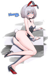 1girl animal_ears bare_shoulders black_leotard blush breasts detached_collar fake_animal_ears fake_tail full_body goddess_of_victory:_nikke grey_hair high_heels highleg highleg_leotard highres leotard looking_at_viewer medium_hair noorung playboy_bunny rabbit_ears rabbit_tail simple_background small_breasts solo strapless strapless_leotard tail vesti_(nikke) white_background wrist_cuffs