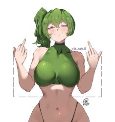 1girl bikini black_bikini boku_no_hero_academia breasts closed_mouth cosplay double_middle_finger green_bikini green_hair hagakure_toru hagakure_toru_(cosplay) jk_arts large_breasts middle_finger midriff navel purple_eyes side_ponytail simple_background smile solo sousou_no_frieren swimsuit twitter_username ubel_(sousou_no_frieren) white_background
