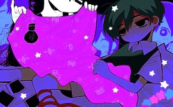 Rule 34 | 1girl, 4boys, aubrey (headspace) (omori), aubrey (omori), black sweater vest, blanket, blush, bright pupils, brown shorts, closed eyes, closed mouth, collared shirt, colored skin, grin, hero (headspace) (omori), hero (omori), highres, holding, holding blanket, kel (headspace) (omori), kel (omori), kobanzame omo, light bulb, long hair, looking at another, multiple boys, omori, omori (omori), open mouth, parted lips, photo (object), purple eyes, purple hair, rope, shirt, short hair, short sleeves, shorts, smile, sunny (omori), sweat, sweater vest, teeth, white pupils, white shirt, white skin