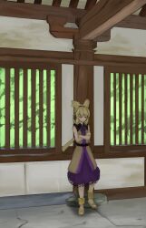 Rule 34 | 1girl, belt, black belt, black collar, black ribbon, brown hair, brown shirt, closed mouth, collar, commentary request, earmuffs, full body, highres, indoors, lattice, looking at viewer, neck ribbon, pointy hair, ribbon, ritsuzou, ritual baton, sandals, shirt, short hair, sleeveless, sleeveless shirt, smile, solo, standing, touhou, toyosatomimi no miko, yellow eyes, yellow sandals