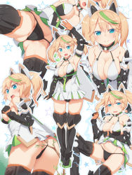 1girl aqua_eyes arm_up armpits ass bare_shoulders black_gloves black_panties black_thighhighs blonde_hair blush boots breasts cameltoe cleavage elbow_gloves from_behind from_below gene_(pso2) gloves green_hair hair_between_eyes highres large_breasts long_hair looking_at_viewer looking_back multicolored_hair multiple_views open_mouth panties panty_pull phantasy_star phantasy_star_online_2 simple_background smile spread_legs tachimi_(basue) thigh_boots thighhighs thong twintails underwear upskirt waving white_background