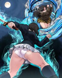 2girls ass black_jacket black_thighhighs boots bougainvillea_(unnryuu) breasts brown_jacket chi-hatan_military_uniform dark_skin fighting girls_und_panzer highres holding holding_sword holding_weapon jacket katana kawashima_momo large_breasts long_hair moon multiple_girls night nishi_kinuyo ooarai_military_uniform outdoors panties pantyshot short_hair skirt standing sword thighhighs underwear weapon white_panties white_skirt