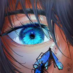 1boy artist_name black_hair blue_eyes bug butterfly eye_focus fate/grand_order fate_(series) hair_between_eyes highres hisaeki insect oberon_(fate) oberon_(third_ascension)_(fate) solo
