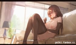 1girl anklet backlighting breasts brown_eyes brown_hair collar couch covered_erect_nipples elbow_gloves fanbox_username fingerless_gloves glasses gloves indoors jewelry knees_together_feet_apart lamp large_breasts long_hair looking_at_viewer nipples nude original polki smile solo table tareme thighhighs window