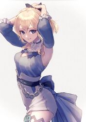 1girl absurdres armpits arms_up black_bow blonde_hair blue_shirt bow breasts cleavage cleavage_cutout closed_mouth clothing_cutout commentary_request cowboy_shot detached_sleeves flower_thigh_strap genshin_impact hair_between_eyes hair_bow high-waist_shorts highres jean_(genshin_impact) jean_(sea_breeze_dandelion)_(genshin_impact) long_hair looking_at_viewer medium_breasts muitarou official_alternate_costume ponytail purple_eyes shirt shorts sidelocks simple_background smile solo tying_hair white_background white_shorts