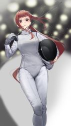 Rule 34 | 1girl, absurdres, blurry, blurry background, bodysuit, brown hair, feet out of frame, fencing, fencing suit, floating hair, highres, holding, holding sword, holding weapon, idolmaster, idolmaster million live!, kimi (hearty yuuki), long hair, looking at viewer, ponytail, rapier, red eyes, solo, sweatdrop, sword, tanaka kotoha, very long hair, weapon, white bodysuit