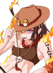 1girl :d absurdres adjusting_clothes adjusting_headwear ahoge alternate_costume alternate_hairstyle arm_tattoo badge bare_arms bare_shoulders bead_necklace beads blonde_hair bob_cut brown_hair brown_hat brown_tank_top burning burning_hair character_name commentary cosplay cowboy_hat devil_fruit_power fire flat_chest gigi_murin grem_(gigi_murin) hair_down hair_through_headwear hand_on_headwear hand_up hat highres hololive hololive_english jewelry koizumi_arata linea_alba looking_at_viewer midriff multicolored_hair navel necklace one_eye_in_shadow one_piece open_mouth partially_shaded_face pink_hair portgas_d._ace portgas_d._ace_(cosplay) pun pyrokinesis reclining sharp_teeth short_hair simple_background skull_ornament smile solo tank_top tattoo teeth text_tattoo too_literal two-tone_hair upper_body upturned_eyes virtual_youtuber white_background