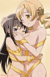 2girls akemi_homura black_hair black_hairband blonde_hair bound breasts commentary_request commission drill_hair face_to_breasts gold_ribbon hairband height_difference highres hug large_breasts long_hair mahou_shoujo_madoka_magica mahou_shoujo_madoka_magica_(anime) multiple_girls naked_ribbon one_eye_closed pixiv_commission purple_eyes ribbon ribbon_bondage simple_background small_breasts sora_nyan tomoe_mami very_long_hair yellow_background yellow_eyes yellow_ribbon yuri