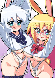 2girls acefish ami_(acefish) arms_up blonde_hair blue_eyes blue_ribbon blush breasts cameltoe covered_erect_nipples crop_top extreme_crop_top glasses hair_between_eyes happy large_breasts long_hair mary_(acefish) motion_lines multicolored_eyes multicolored_hair multiple_girls navel nervous nervous_smile nipple_slip nipples open_mouth original pink_eyes pink_hair rabbit_ears rabbit_girl rabbit_tail red_ribbon revealing_clothes ribbon round_eyewear school_uniform serafuku simple_background smile sweat thigh_strap thighs white_hair