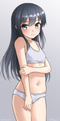 Rule 34 | 1girl, asashio (kancolle), black hair, blue eyes, blush, bra, cowboy shot, embarrassed, grey background, grey bra, grey panties, hand on own elbow, kantai collection, long hair, looking at viewer, navel, panties, ray.s, shirt, solo, training bra, underwear, underwear only