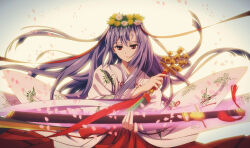 bell chinese_commentary commentary_request fcc_(fengcheche) floating_hair flower hair_between_eyes hair_flower hair_ornament hiiragi_mahiru holding holding_sword holding_weapon japanese_clothes katana long_hair looking_at_viewer miko official_style owari_no_seraph petals purple_hair red_eyes simple_background sword weapon