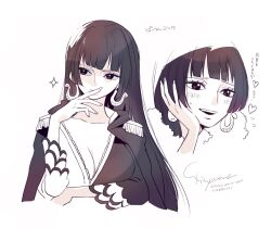 1girl blunt_bangs blush boa_hancock cape commentary_request earrings epaulettes eyelashes greyscale heart hood hooded_cape ikuchi_osutega jewelry long_hair long_sleeves looking_to_the_side monochrome multiple_views one_piece one_piece:_stampede simple_background smile snake_earrings upper_body