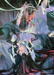 1girl birdcage black_hair cage closed_eyes columbina_(genshin_impact) crystalfly_(genshin_impact) dress genshin_impact highres holding holding_cage long_hair mask multicolored_hair pink_hair ren_(s_kradio) two-tone_hair upside-down white_dress