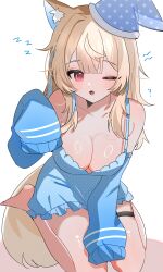 1girl :o ? absurdres animal_ear_fluff animal_ears bite_mark bite_mark_on_breast blonde_hair blue_chemise blue_hair blue_hat blue_sleeves blush breasts center-flap_bangs chemise cleavage collarbone detached_sleeves double-parted_bangs fangs frilled_chemise from_above full_body fuwawa_abyssgard hana20000920 hand_on_own_leg hand_up hat highres hololive hololive_english large_breasts long_hair looking_at_viewer looking_up multicolored_hair no_bra one_eye_closed parted_lips polka_dot print_hat red_eyes seiza shiny_skin simple_background sitting skin_fangs sleeveless sleeves_past_fingers sleeves_past_wrists solo star_(symbol) star_print streaked_hair thigh_strap virtual_youtuber white_background