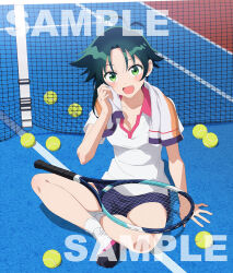 1girl :d antenna_hair arm_support ball blue_shorts blush breasts cleavage collarbone fang green_eyes green_hair indian_style looking_at_viewer medium_breasts mutou_miki official_art on_ground open_mouth outdoors racket shade shirt shiunji-ke_no_kodomotachi shiunji_minami shoes short_hair short_shorts short_sleeves shorts sitting smile sneakers socks solo sportswear sweat tennis_ball tennis_net tennis_racket tennis_uniform towel towel_around_neck white_shirt white_socks wiping_sweat wispy_bangs