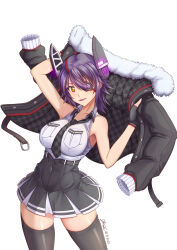 Rule 34 | 1girl, black gloves, black jacket, black thighhighs, breast pocket, breasts, checkered clothes, checkered necktie, eyepatch, fur-trimmed jacket, fur trim, gloves, hair between eyes, headgear, high-waist skirt, highres, holding unworn jacket, jacket, kantai collection, kkkowy0913, large breasts, looking at viewer, necktie, partially fingerless gloves, pocket, purple hair, shirt, short hair, skirt, sleeveless, sleeveless shirt, smile, solo, tenryuu (kancolle), tenryuu kai ni (kancolle), thighhighs, white shirt, yellow eyes