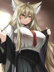 1girl ahoge animal_ears arknights black_jacket black_skirt blonde_hair blush breasts closed_mouth collared_shirt cowboy_shot facial_scar hair_between_eyes highres jacket large_breasts long_hair multicolored_hair necktie phap2000 pleated_skirt red_necktie scar scar_on_cheek scar_on_face shirt shirt_tucked_in skirt solo standing steaming_body streaked_hair trembling twitter_username vulpisfoglia_(arknights) watermark white_hair white_shirt yellow_eyes