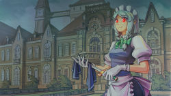 1girl acrylic_paint_(medium) apron architecture balcony blue_skirt blue_vest braid breasts bridge clock clock_tower cloth cloud curtains female_focus gloves glowing glowing_eyes green_ribbon hair_ribbon highres holding holding_cloth holding_knife izayoi_sakuya knife looking_at_viewer maid_headdress neck_ribbon night outdoors painting_(medium) parted_bangs planter puffy_short_sleeves puffy_sleeves red_eyes ribbon scarlet_devil_mansion shirt short_hair short_sleeves silver_hair skirt sky small_breasts smile solo standing topiary touhou tower traditional_media tress_ribbon twin_braids u-joe upper_body vest waist_apron white_gloves white_shirt window wiping