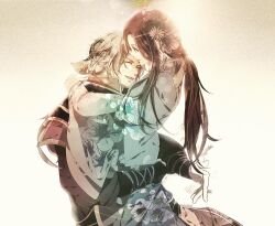 Rule 34 | arms around neck, arms around waist, black hair, floral print, hair ornament, hug, husband and wife, inahime, japanese clothes, kimono, long hair, long sleves, ponytail, purple eyes, sanada nobuyuki, sengoku musou, smile, white hair
