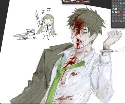 1boy 1girl akmisss00 alfonso_(project_moon) arm_up art_program_in_frame black_eyes blood blood_in_hair blood_on_chest blood_on_clothes blood_on_face bucket censored collared_shirt crying crying_with_eyes_open green_hair green_jacket green_necktie highres jacket jacket_on_shoulders jacket_partially_removed limbus_company male_focus messy_hair mosaic_censoring musical_note necktie nosebleed open_clothes open_mouth open_shirt pectoral_cleavage pectorals project_moon samjo_(project_moon) shirt short_hair single_handcuff tears upper_body white_shirt