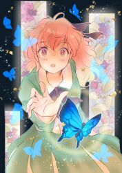 Rule 34 | 1girl, arcboc, bug, butterfly, commentary, green skirt, highres, insect, long hair, open mouth, original, reaching, reaching towards viewer, red eyes, red hair, skirt, solo, symbol-only commentary