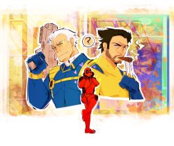 3boys ? cable_(marvel) cigar claws comic_background commentary copyright_name deadpool deadpool_&amp;_wolverine deadpool_(series) deadpool_2 diffraction_spikes english_commentary glowing glowing_eye gun hand_on_own_cheek hand_on_own_face heart highres holding holding_gun holding_weapon looking_at_viewer male_focus marvel marvel_cinematic_universe multiple_boys seadeepspace smoke smoking speech_bubble spoken_question_mark standing standing_on_one_leg superhero_costume weapon wolverine_(x-men) x-men x-men_film_series