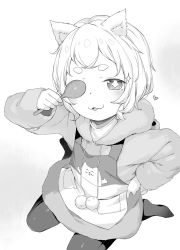 Rule 34 | + +, 1girl, :3, animal ears, apron, blush, crossed bangs, dot nose, drawstring, from above, greyscale, hand on own hip, heart, henreader, highres, komori sana, kyou kara ore wa loli no himo!, long sleeves, looking at viewer, medium hair, monochrome, non-web source, pantyhose, parted lips, pocket, pom pom (clothes), short eyebrows, simple background, sitting, solo, spoon, tareme, wariza, white background, wooden spoon
