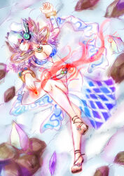 1girl argyle_clothes argyle_dress beret breasts cleavage closed_mouth commentary_request crystal detached_sleeves dress full_body fur_collar grey_hair hat large_breasts looking_at_viewer lying on_back on_ground ragnarok_online robot_ears rock sandals short_hair sleeveless sleeveless_dress smile snow solo sorcerer_(ragnarok_online) white_dress white_hat white_sleeves yukimushi