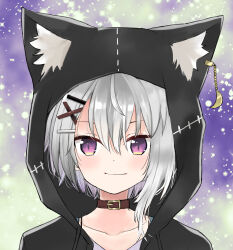 1boy absurdres animal_ear_fluff animal_ears black_jacket brown_collar closed_mouth collar copyright_request crescent drawstring eyebrows_hidden_by_hair fake_animal_ears grey_hair hair_between_eyes hair_ornament hairclip highres hood hood_up hooded_jacket jacket male_focus mito_(go!go!king!) multicolored_hair purple_eyes purple_hair purple_shirt shirt smile solo two-tone_hair upper_body virtual_youtuber x_hair_ornament