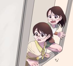 2girls black_hair dennou_coil female_focus glasses hashimoto_fumie highres leaning_forward long_hair multiple_girls nanja okonogi_yuuko open_mouth round_eyewear safety_glasses short_hair tinted_eyewear visor window worried yellow_neckwear