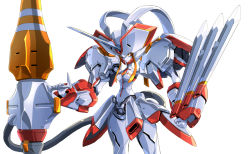 1girl breasts clenched_hand darling_in_the_franxx holding holding_lance holding_polearm holding_weapon horns huge_weapon lance mecha orange_eyes polearm robot single_horn solo strelizia taedu weapon white_background