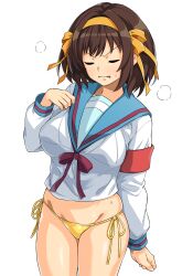 1girl absurdres armband bikini bikini_bottom_only blue_sailor_collar breasts brown_eyes closed_eyes cowboy_shot hair_ribbon hairband haruhisky highres kita_high_school_uniform large_breasts long_sleeves medium_hair red_armband ribbon sailor_collar school_uniform serafuku side-tie_bikini_bottom simple_background solo standing suzumiya_haruhi suzumiya_haruhi_no_yuuutsu swimsuit thighs white_background yellow_bikini yellow_hairband yellow_ribbon