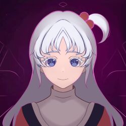 Rule 34 | 1girl, bow, capelet, grey hair, hair bobbles, hair ornament, highres, jmdw2752, long hair, miside, miside (style), mystic square, one side up, parody, ribbon, shinki (touhou), smile, solo, style parody, touhou, touhou (pc-98), turtleneck, white hair, wings